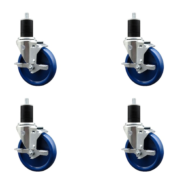 5'' Solid Poly Swivel 1-3/4'' Expanding Stem Caster Set with Brake, 4PK